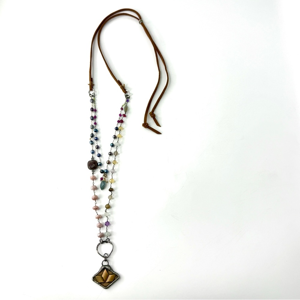 Mixed Gemstone Sundance Inspired Necklace, Vintage Metal Pendant